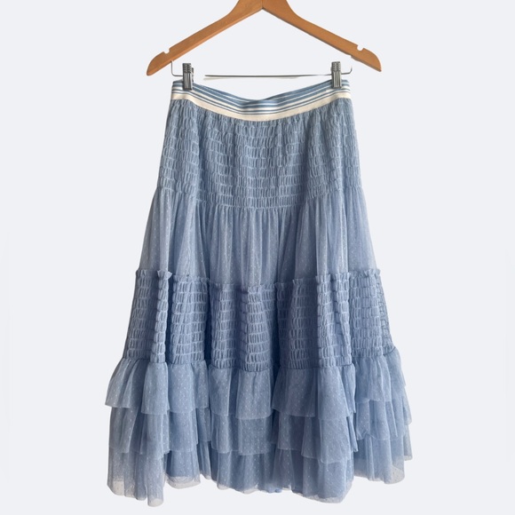 Anthropologie Maeve Tulle Skirt Swiss Dot ruffled midi with stripe elastic waist - Picture 3 of 10